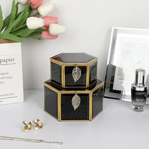 Vista 7 de ELLDOO Joyero de cristal negro organizador de joyería hexagonal con ribete dorado caja de recuerdo decoración decorativa caja de vidrio con tapa