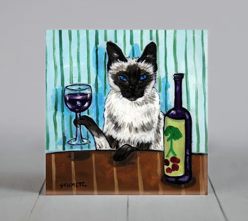 Vista 3 de Gato siamés en el bar de vinos Cat Art Tile Coaster Gift