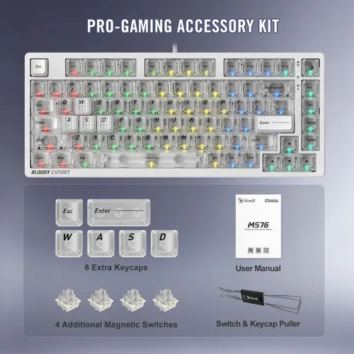Vista 12 de Bloody MS76 Hall Effect Magnetic Gaming Keyboard Exact Reset System Analog Control 82 Key RGB Wired Crystal White (Crystal White)