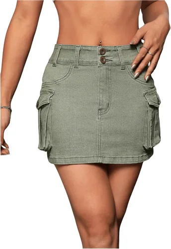 Vista 4 de WDIRARA Minifalda de mezclilla tipo cargo con botones y cintura baja para mujer con bolsillo