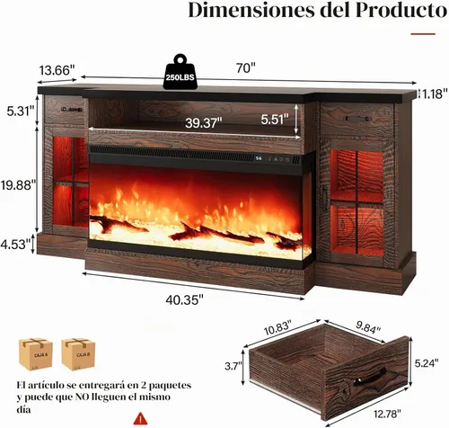 Vista 2 de 4 EVER WINNER Soporte de TV con chimenea de 70 pulgadas para televisores de Marrón