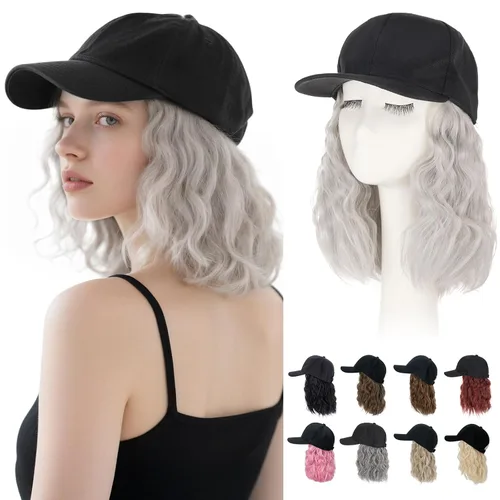 Vista 18 de Hairro Peluca de gorra de béisbol con cabello adjunto, corto estilo Bob ajustable, extensiones de cabello sintético para mujeres, balayage