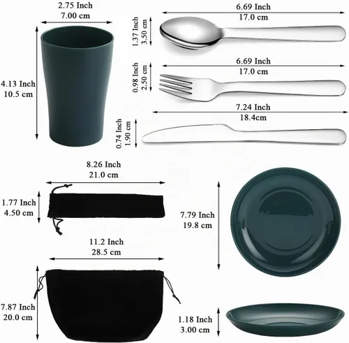 Vista 2 de Evanda Juego de cubiertos de camping, taza ligera reutilizable, plato y cubiertos de acero inoxidable con bolsa negra, apto para lavavajillas 1.1
