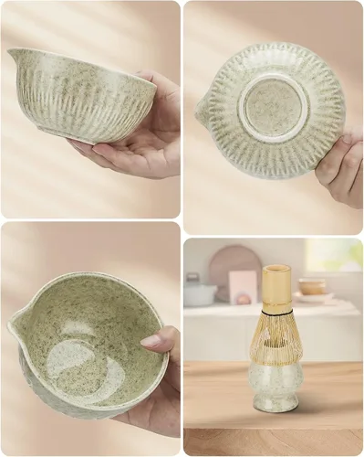 Vista 7 de Juego de batidor de matcha de 20 onzas, kit de 7 piezas de matcha que incluye cuenco matcha, batidor y soporte, cuchara de bambú, reposo, tamiz