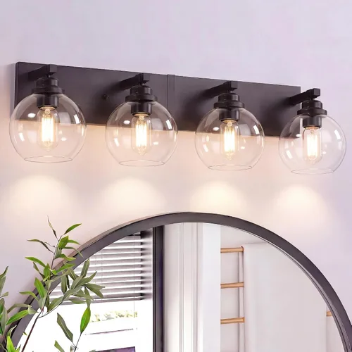 Vista 9 de LmnLvn Lámparas de baño, 3 luces de tocador de color negro mate, modernas lámparas de baño sobre espejo, luces de tocador de granja con pantalla