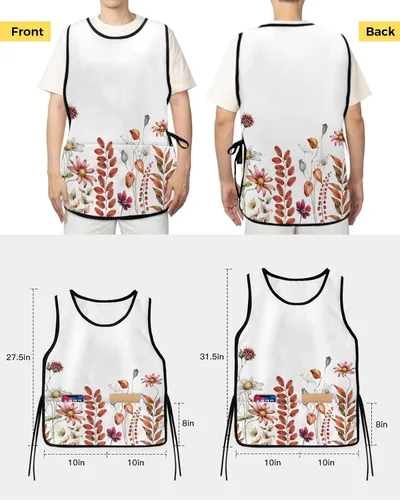 Vista 3 de Unisex Cobbler Apron Flower Daisy Leaves Vest Cobbler Aprons Autumn Orange Red Rustic Smock Apron with 2 Pockets