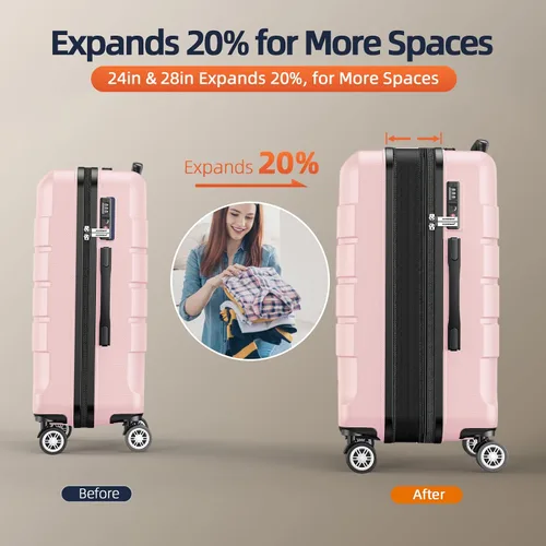 Vista 5 de SHOWKOO Sets de equipaje, maleta ampliable con doble ruedas, bloqueo TSA, 3pcs, RosaRebel Fun.