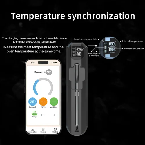Vista 2 de Termómetro inalámbrico Bluetooth para carne, rango de 820 pies, pantalla digital VA HD, lectura instantánea, sonda impermeable para parrilla, horno