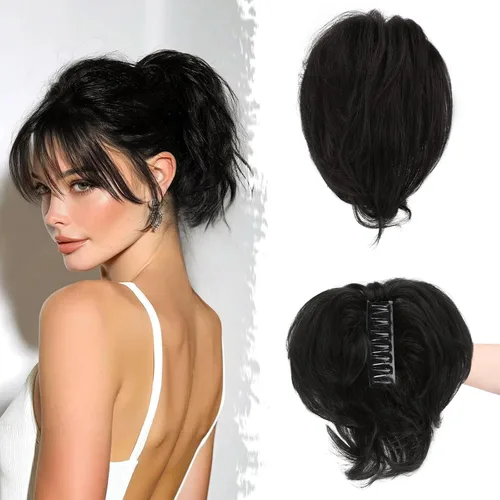 Vista 24 de BARSDAR Extensión de cabello humano corto con clip de garra con metales flexibles, cabello humano real de 8 pulgadas, extensiones de moño
