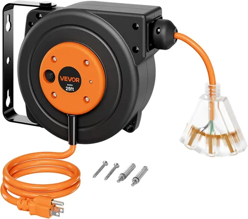 Vista 20 de VEVOR Carrete de cable de extensión retráctil de 25 pies resistente 14AWG