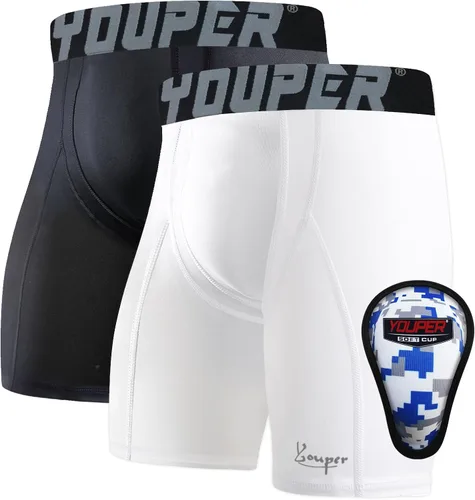 Vista 7 de Youper Pantalones cortos deslizantes de compresión para niños con copa protectora suave para béisbol, fútbol, hockey (paquete de 2)