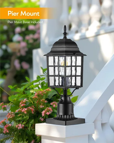 Vista 4 de VIANIS Lámpara de poste con base de montaje, moderna lámpara exterior negra con vidrio templado, postes de luz de aluminio antioxidante