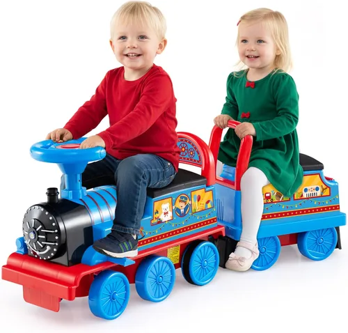 Vista 11 de OLAKIDS Kids Ride On Train with Track, 6V Electric Toy with Lights and Sounds, Retractable Footrest, Under Seat Storage, Christmas Theme Battery