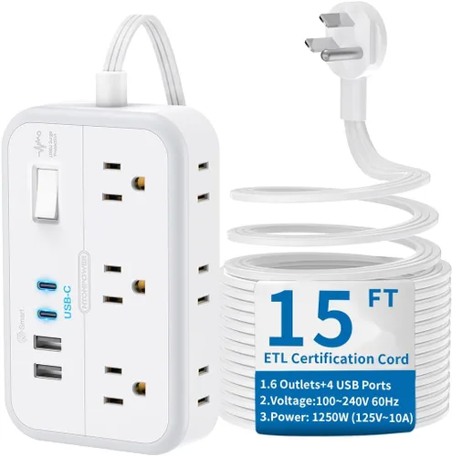 Vista 9 de NTONPOWER - Tira de alimentación con 6 salidas 4 estación de carga USB (2 puerto USB C), cable de extensión de enchufe plano de 5 pies, extensor