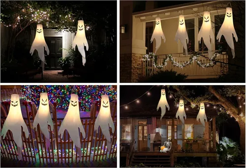 Vista 6 de Decoraciones de Halloween, para colgar al aire libre, calcetines de viento fantasma para árboles con temporizador, fantasmas LED para colgar