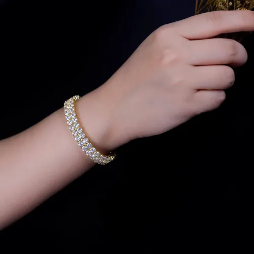 Vista 3 de Gemsme Pulseras de tenis de 2 filas para mujeres y hombres, chapado en oro amarillo de 18 quilates, 0.118 in, corte redondo, circonita cúbica
