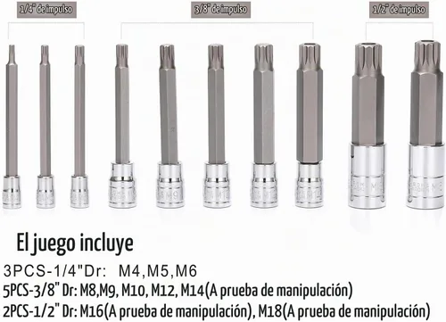 Vista 3 de MIXPOWER Juego de 10 llaves de punta estriada, tipo M, acero S2 y Cr-V, extralargo de 4 pulgadas de longitud, M4-M18, XZN Triple Square Spline Bit