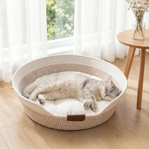 Vista 6 de YOUDENOVA Stimulicat - Cama tejida a mano para gatos con cojín Marrón y blanco