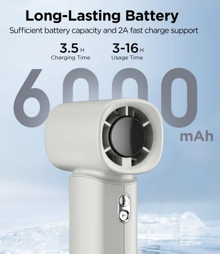Vista 3 de Ventilador de mano portátil, mini ventilador turbo ajustable de 100 velocidades, batería recargable de 6000 mAh, diseño de bolsillo personal
