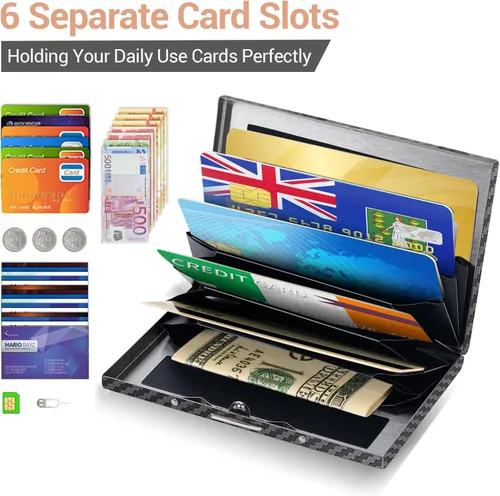 Vista 54 de BONSYL® Soporte para tarjetas de crédito, cartera delgada de metal con bloqueo RFID, con 6 ranuras para tarjetas, para mujeres y hombres.