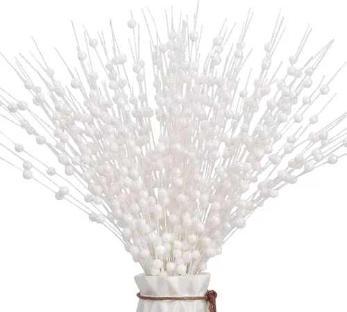 Vista 10 de 12 piezas de bayas artificiales con purpurina rosa, púas artificiales de Navidad con tallos de bayas para decoraciones de Navidad, palos falsos