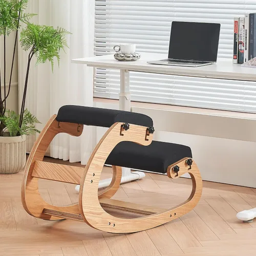 Vista 9 de Silla ergonómica, mecedora ajustable para oficina en casa, silla de rodilla de madera para aliviar el dolor de espalda, color beige