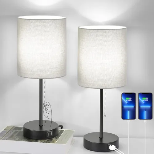 Vista 12 de Juego de 2 lámparas de mesa con puertos de carga USB, lámparas de noche blancas con salida de CA, lámparas de mesita de noche con interruptor