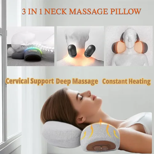 Vista 2 de Almohada masajeadora 3 en 1 para el cuello con calor, almohada de masaje de tejido profundo para relajación del cuello (Gris Oscuro)