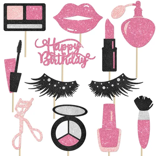 Vista 2 de 12 piezas de centro de mesa de maquillaje con purpurina, para spa, maquillaje, decoraciones de fiesta de cumpleaños para mesa, cosméticos, lápiz