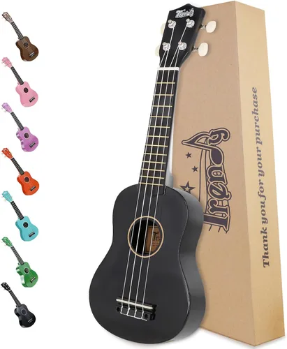 Vista 12 de Trendy Ukelele soprano de 21 pulgadas negro kit para principiantes bolsa de transporte afinador correa de cuerda cuadrada diapasón pegatinas ukelele