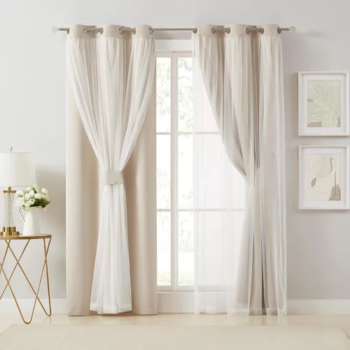 Vista 5 de Bujasso Cortinas 80% Opacas Beige con Superposición de Gasa Mezcla y Combinación Paneles de Ventana con Aislamiento Térmico de Doble Capa de 63