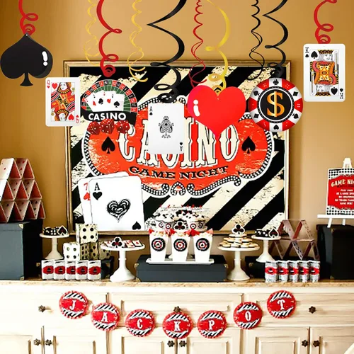 Vista 7 de 30 piezas de remolinos colgantes de casino para fiestas temáticas de póquer, decoración de techo para fiesta de cumpleaños de Las Vegas Casino Night