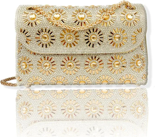 Vista 8 de Bolso de mano de cristal con diamantes de imitación de flores, bolsa de hombro brillante para boda, graduación, fiesta, novia, invitada, caja