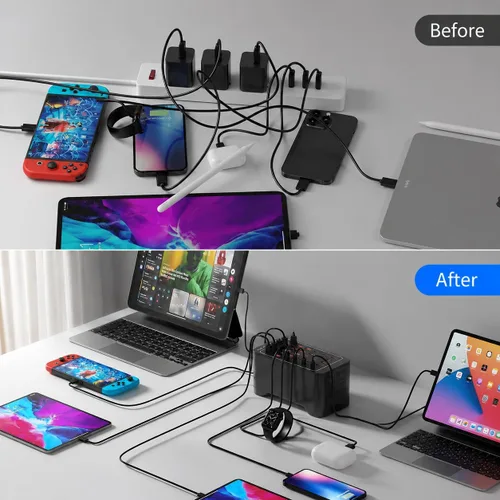 Vista 9 de Estación de carga USB C de 150 W, cargador rápido de múltiples dispositivos de 30 puertos (15 USB-C + 15 USB-A), cargador de escritorio, compatible