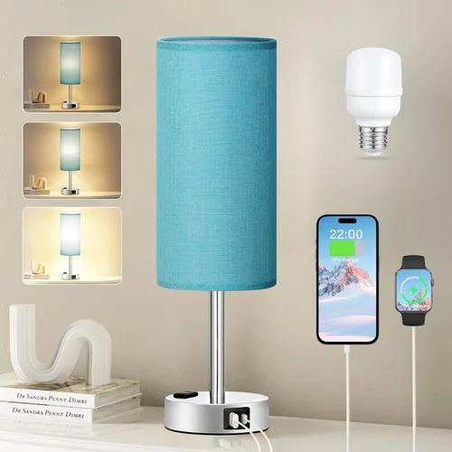 Vista 35 de Fenmzee Juego de lámparas de mesa pequeñas táctiles regulables de 2 a 3 vías, carga USB A + C, salida de CA, base de grano de madera, bombillas