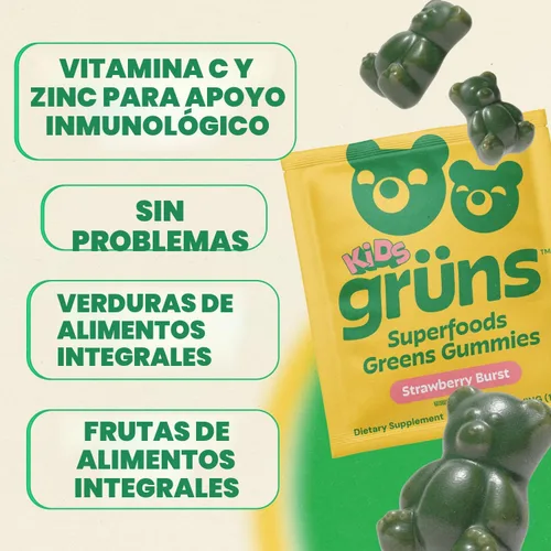 Vista 5 de Gruns Multivitamínico para niños, gomitas Super Greens, más de 20 vitaminas y minerales, espirulina, clorella, alfalfa, fibra prebiótica