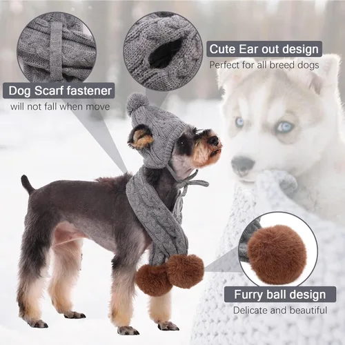 Vista 4 de Kuoser Juego de gorro y bufanda de invierno para perros, gorro tejido para mascotas, gorro cálido de Navidad, accesorios bonitos, bufanda