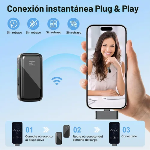 Vista 6 de EX Sistema de micrófono inalámbrico Lavalier, micrófonos de doble clip + funda de carga, rango de 164 pies Plug-and-Play para iPhone/Android Negro