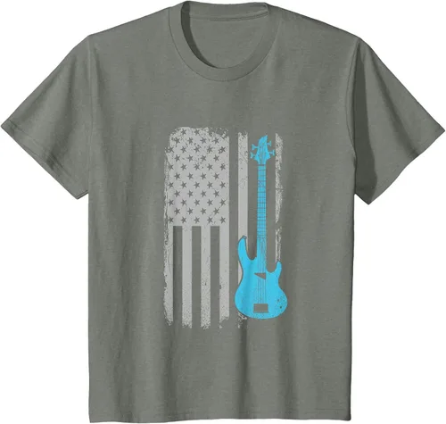 Vista 25 de Electric Bass Guitar Player American Flag Musician T-Shirt Asphalt Grey