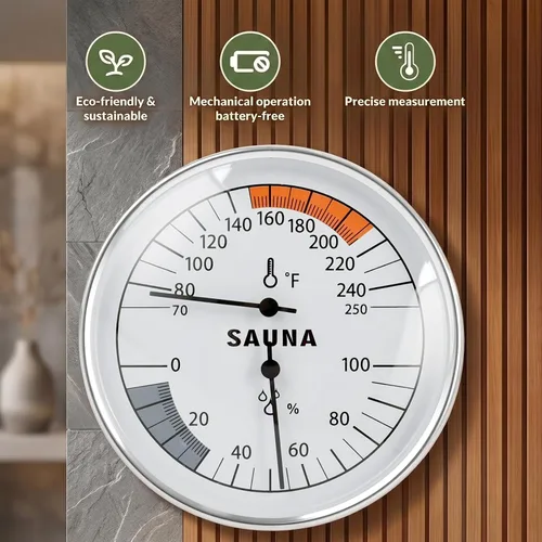 Vista 5 de Termómetro higrómetro 2 en 1, medidor mecánico de temperatura Fahrenheit Monitor sauna temperature and humidity with a durable mechanical gauge