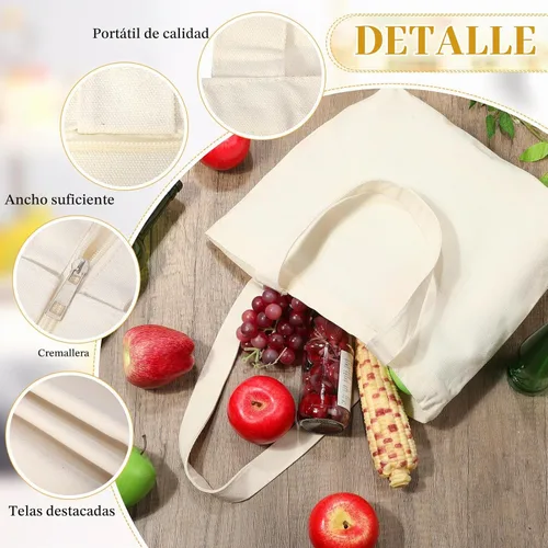 Vista 3 de Silkfly 20 Bolsas de Lona a Granel de 16.5x13.4'' Bolsas de Lona de Algodón en Blanco con Asas y Cremallera Reutilizables Lisas para Comestibles