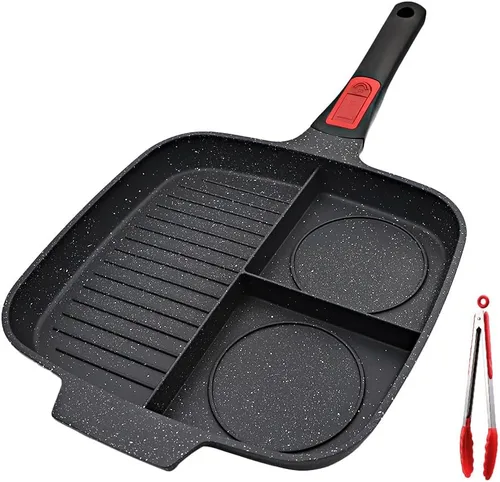 Vista 9 de Sartén Seccional, Sartenes de Parrilla para Estufas Antiadherentes de 3 Secciones Sartén para Desayuno Sartén para Comidas Plancha Sartén Dividida