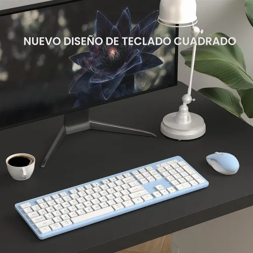 Vista 3 de MPTOG - Combo de teclado y mouse inalámbricos para PC portátil (azul blanco) Teclado de oficina de tamaño completo de 104 teclas con 15 teclas