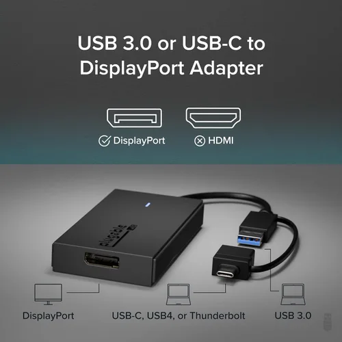 Vista 2 de Plugable Adaptador USB a DisplayPort - Conéctate a través de USB-C o USB 3.0 para agregar una pantalla de 2560 x 1440 - Compatible con Mac