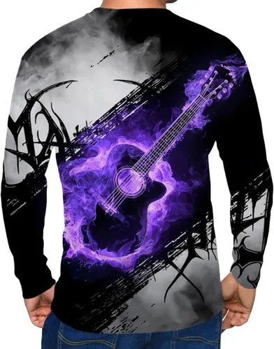 Vista 3 de Muscularfit Camisas para hombre, manga larga, estilo casual, estilo fresco, con estampado de guitarra, pulóver, hip hop, cuello redondo, sudadera a