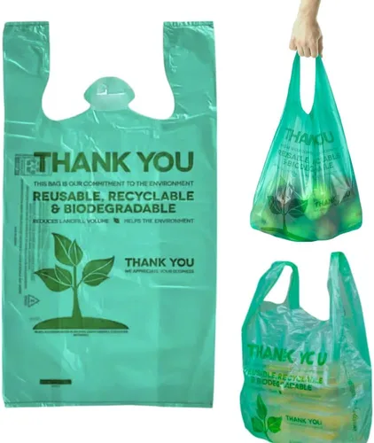 Vista 7 de Paquete de 50 bolsas de camiseta con asas de 22 x 12 pulgadas, bolsas de plástico biodegradable verde para compras, bolsas de agradecimiento
