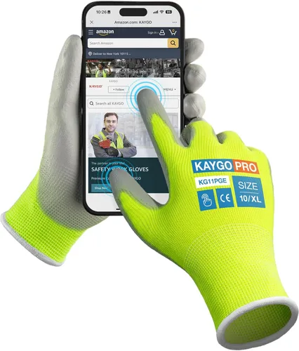 Vista 50 de KAYGO KG11PB - Guantes de trabajo de seguridad con revestimiento de poliuretano, 12 pares de guantes de punto sin costuras para hombres y mujeres