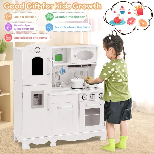 Vista 4 de GLACER Juego de cocina para niños con teléfono, juguetes Montessori de madera con luz y sonido, microondas, máquina de hielo, horno, fregadero