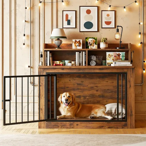Vista 6 de IRONCK Mueble de jaula extragrande para perros, jaula de madera de 43.3 pulgadas con almacenamiento y 4 ganchos, jaula resistente para perros