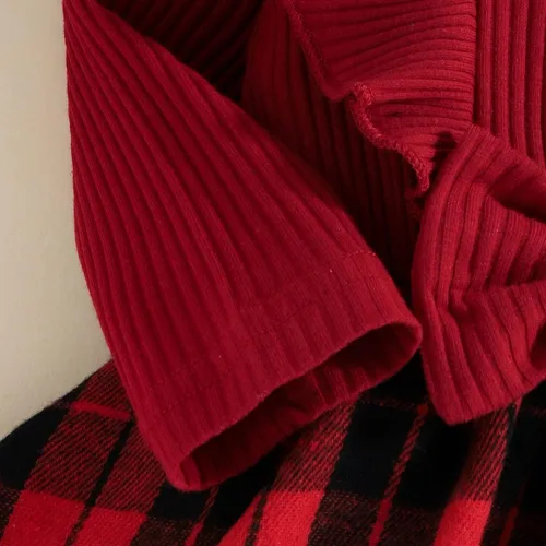 Vista 3 de Douhoow Conjunto de traje de Navidad a cuadros para bebé recién nacida, camiseta de manga larga, pantalones cortos con tirantes y diadema, 3